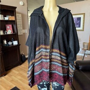 American Rag brown, black & blue short sleeve hooded open sweater-size M/L